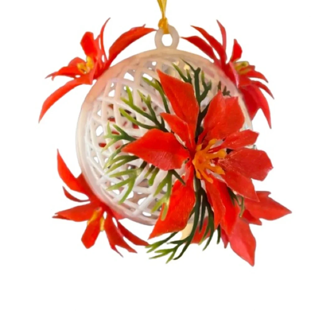 Vintage Poinsettia White Lattice Cage Plastic Ornaments Set of 5 Kitschy Retro